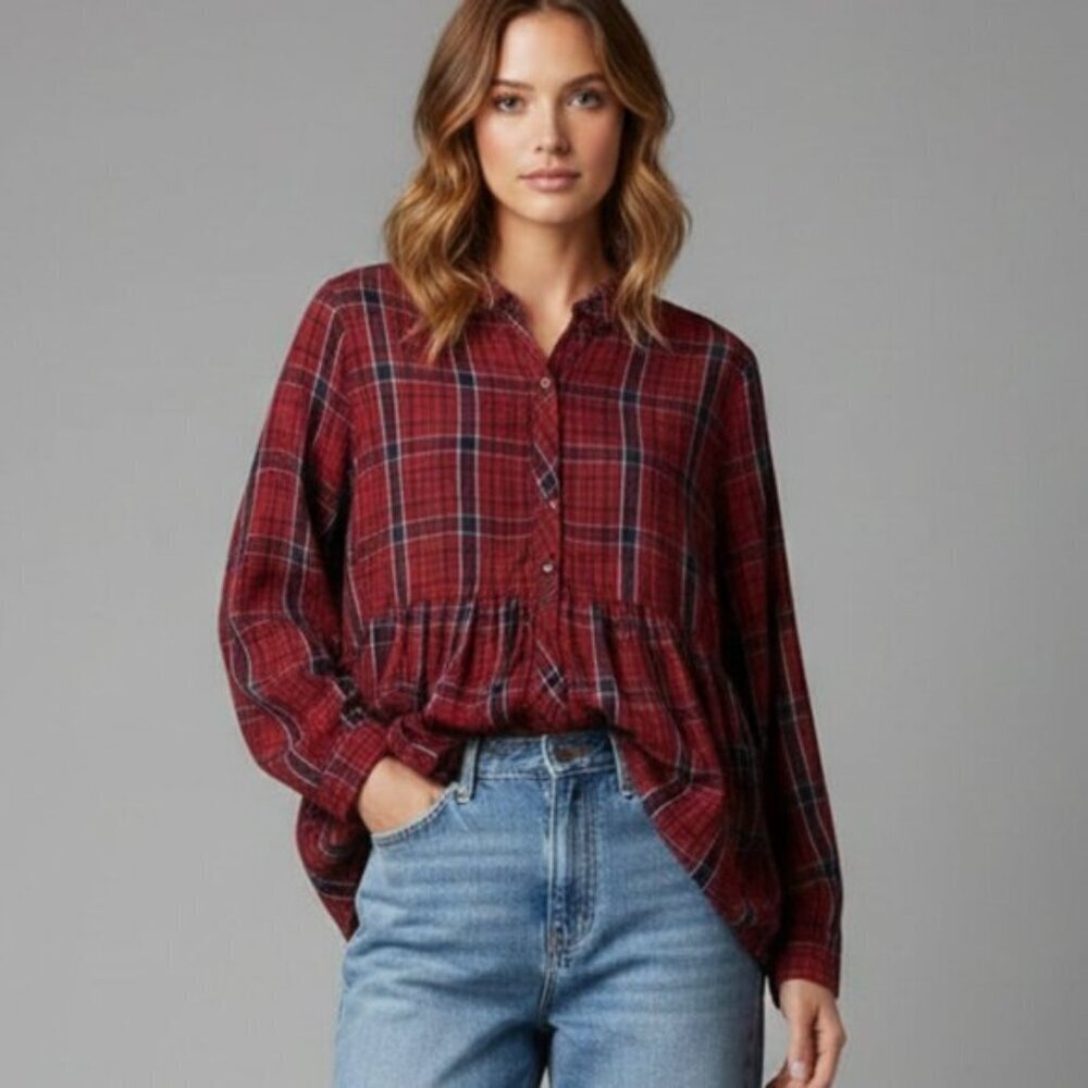 Rickis Burgundy Plaid Babydoll Peplum Shirt Blouse